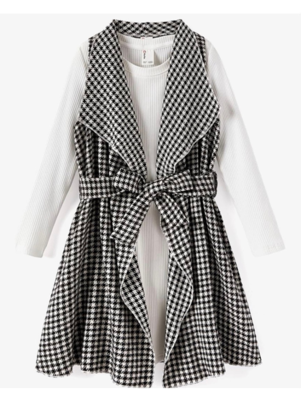 NEW PATPAT Houndstooth Girls Cardigan Vest Ribbed Long Sleeve Dress Set 4/5